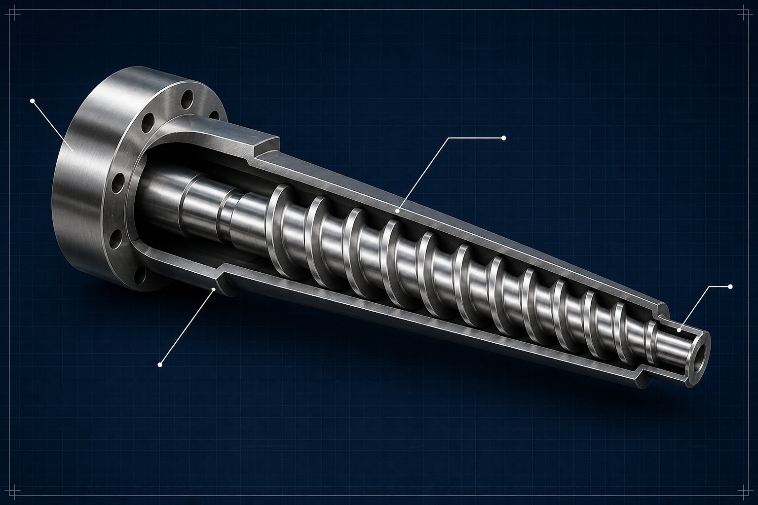 cutaway view of a conical extruder screw highlighting taper angle flight depth and diameter variation