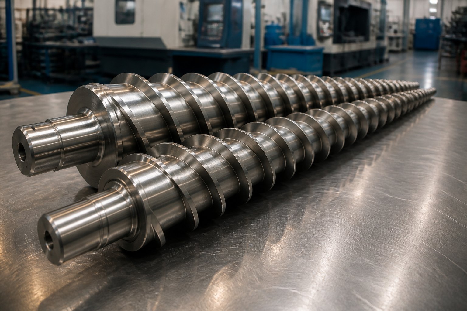 two tapered conical twin screws showing the wide feed end and narrow discharge end that define conical extruder geometry