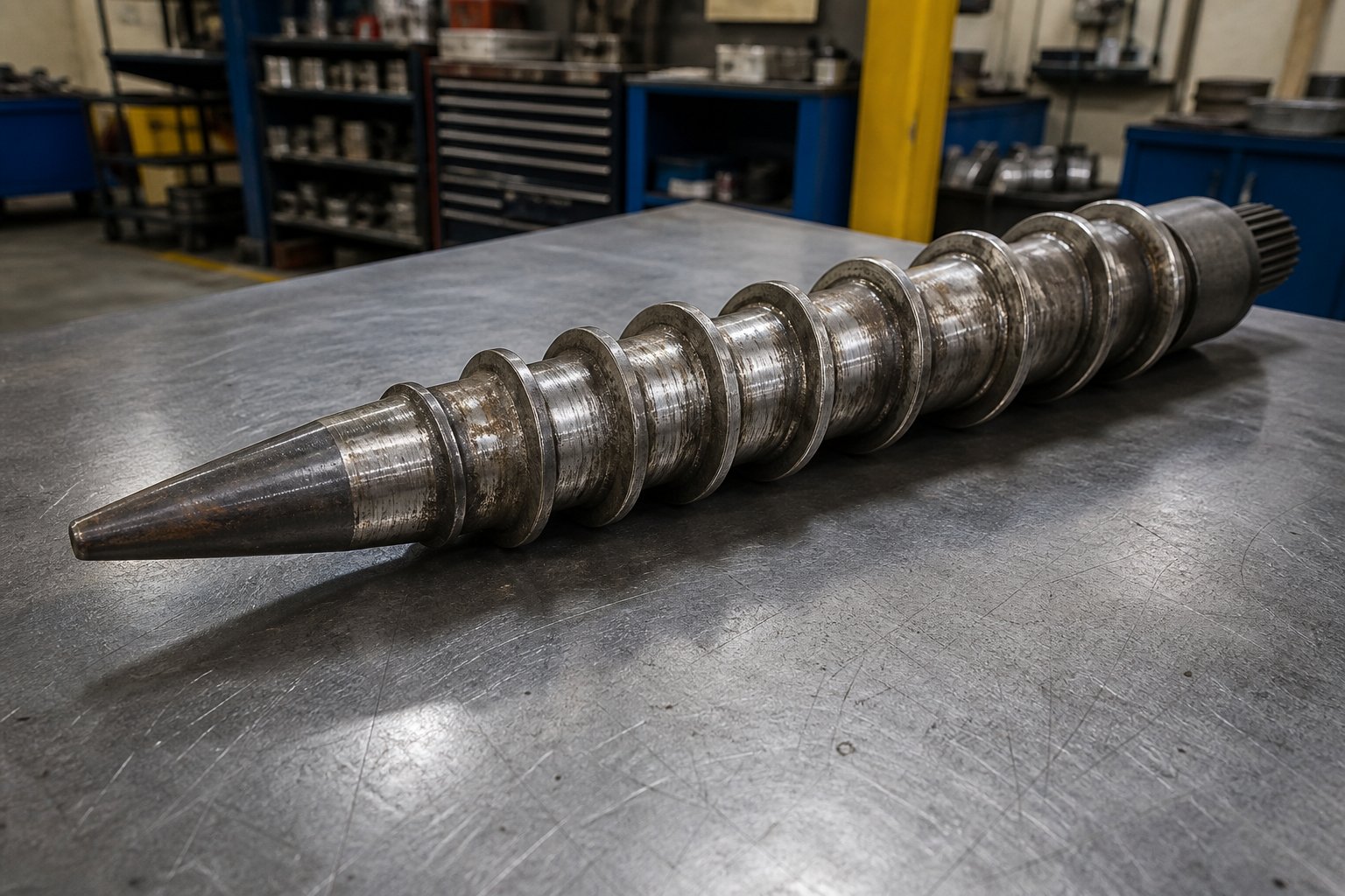 worn conical extruder screw showing typical flight edge rounding in the high compression transition zone