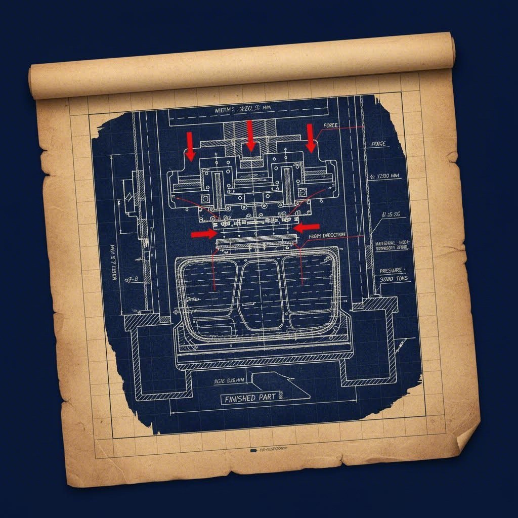 Industrial metal stamping process forming a vehicle firewall panel