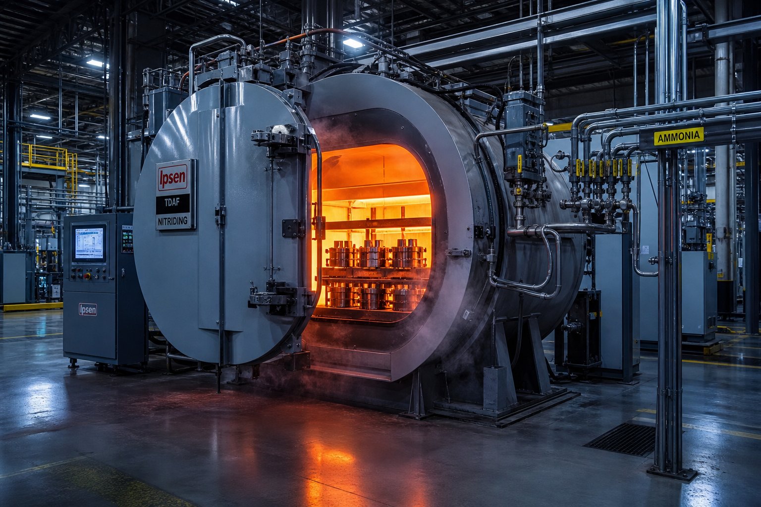 gas nitriding furnace loaded with steel components for thermochemical surface hardening treatment