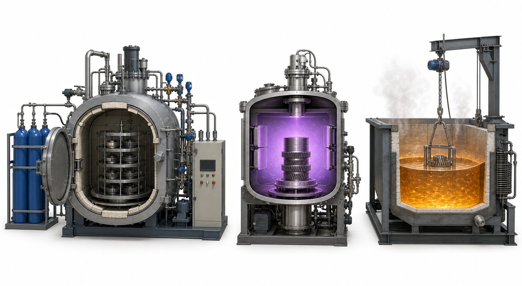 three nitriding methods compared gas furnace plasma vacuum chamber and salt bath setup