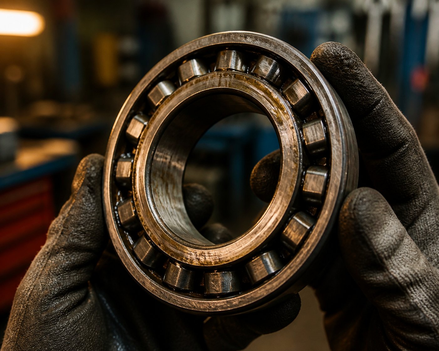 inspection of an extruder gearbox bearing showing wear patterns that oil analysis and vibration monitoring can detect early