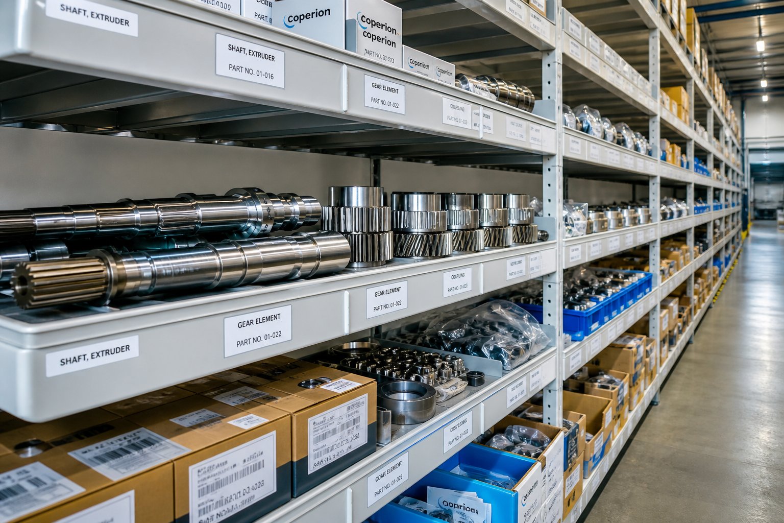 organized inventory of extruder spare parts ready for rapid deployment during gearbox and motor maintenance windows