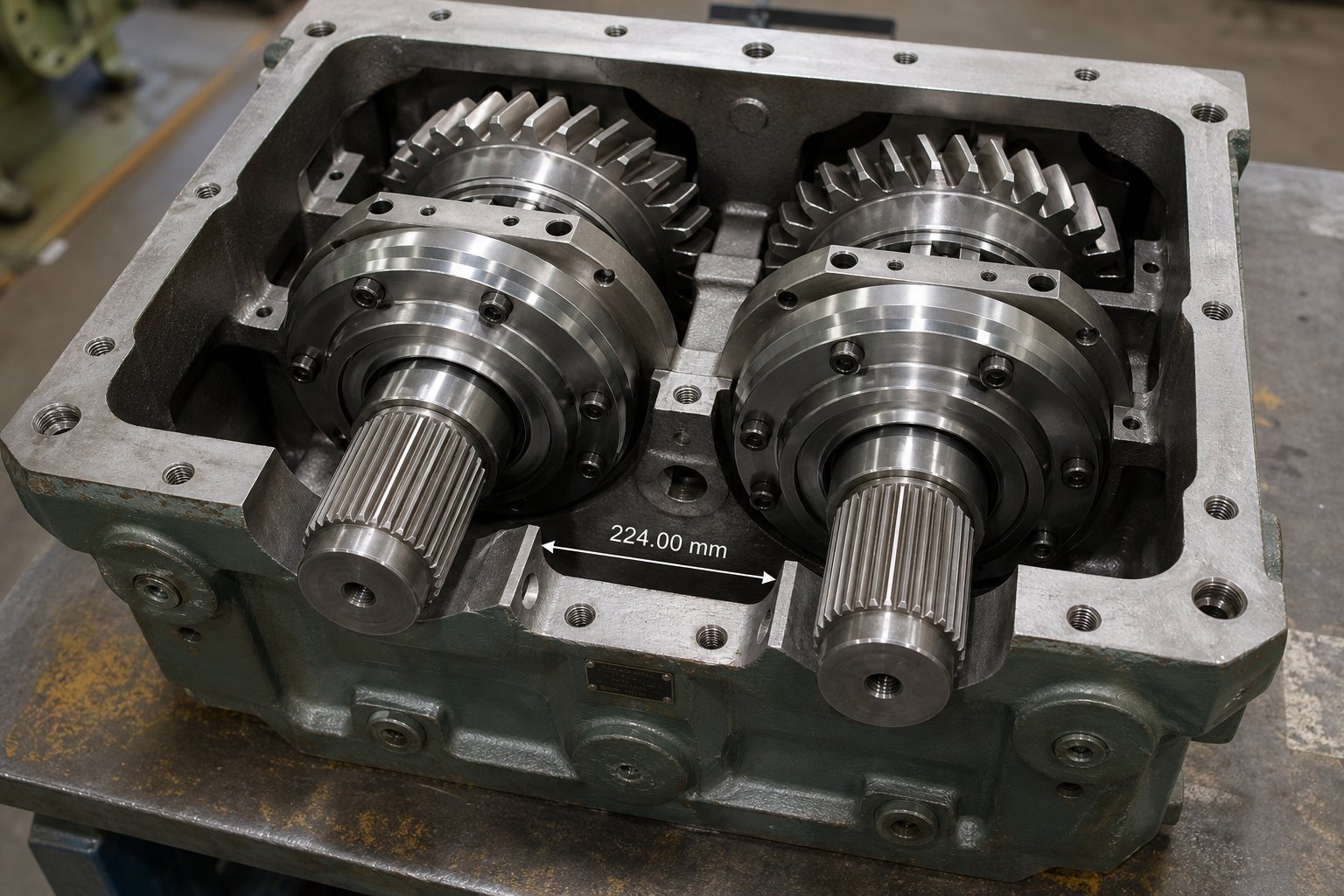 twin output shafts of an extruder gearbox showing the center distance that constrains maximum screw diameter