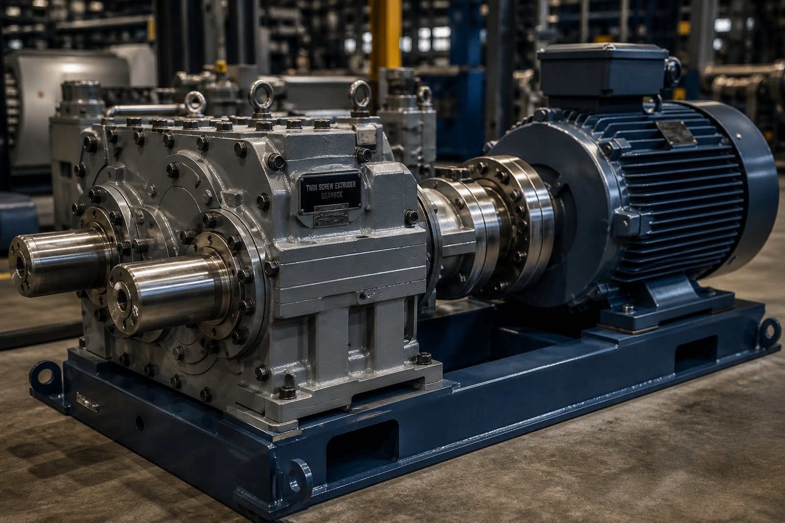 twin screw extruder gearbox and motor assembly forming the integrated drive system that powers extrusion production lines