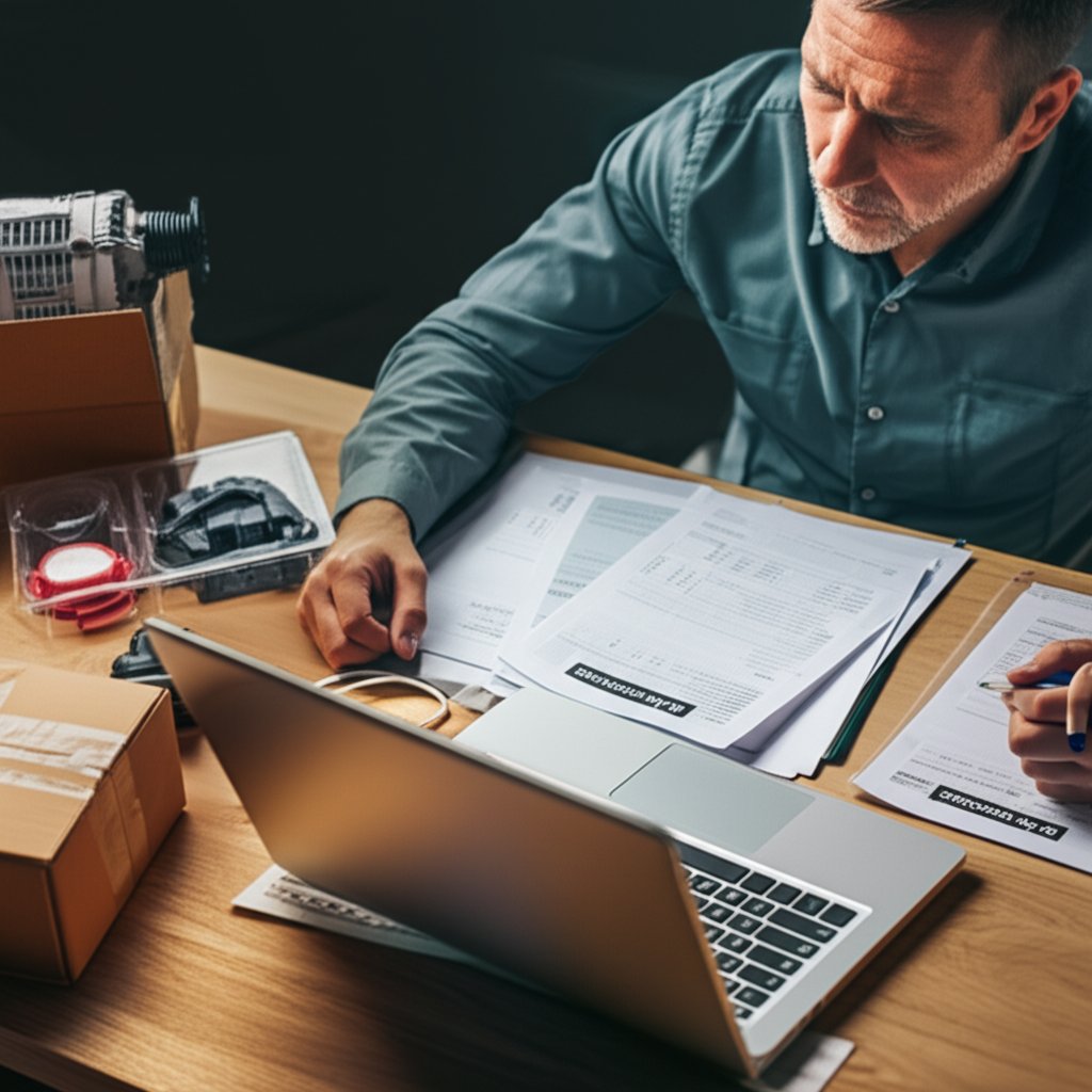 auto parts buyer organizing checklists and warranty documents for a purchase
