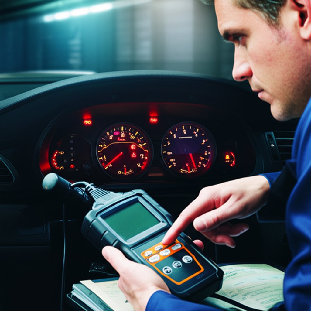 mechanic diagnosing vehicle issues using a scan tool and parts checklist