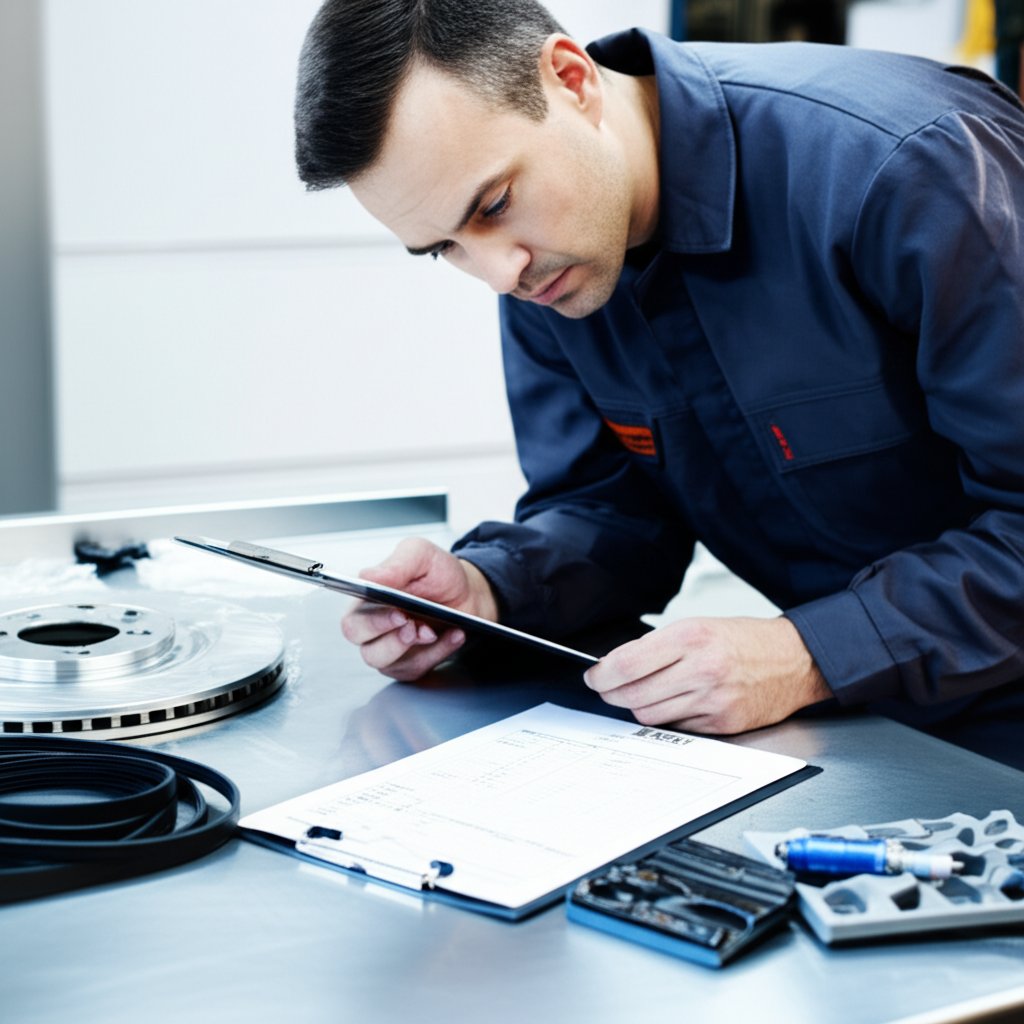 mechanic verifying quality automotive parts with a checklist in a professional workshop