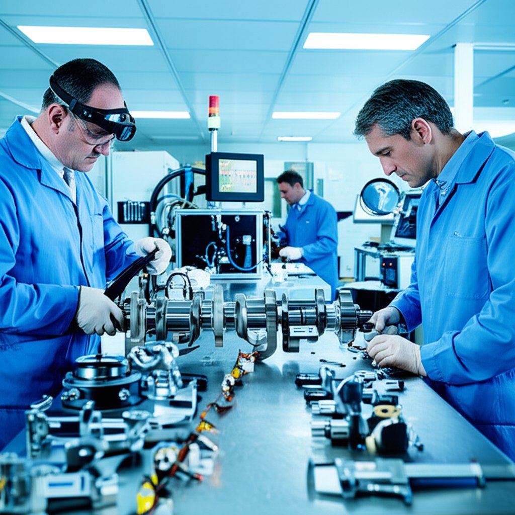 technicians conducting quality assurance tests on automotive parts in a lab