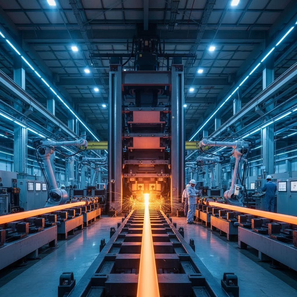 industrial aluminum extrusion press forming custom profiles in a modern manufacturing facility