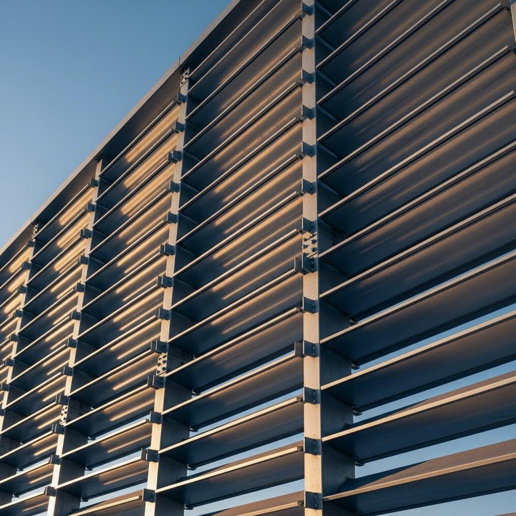 installed aluminum airfoil louver system demonstrating structural mounting configuration