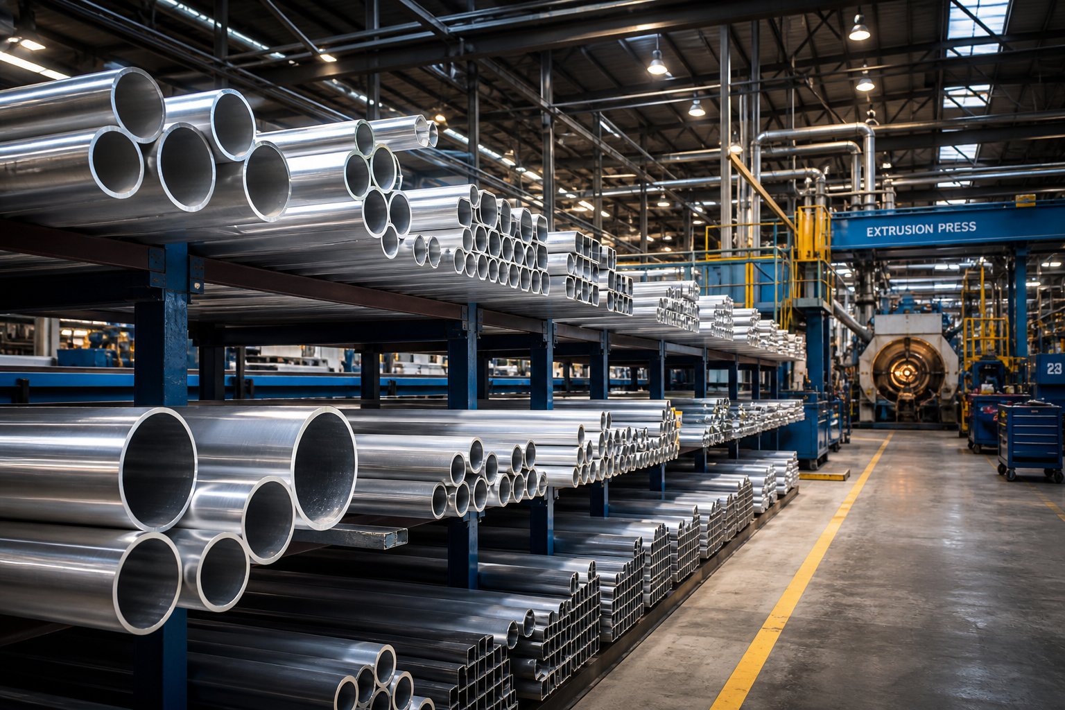 aluminum extrusion pipes ready for quality inspection at a modern manufacturing facility