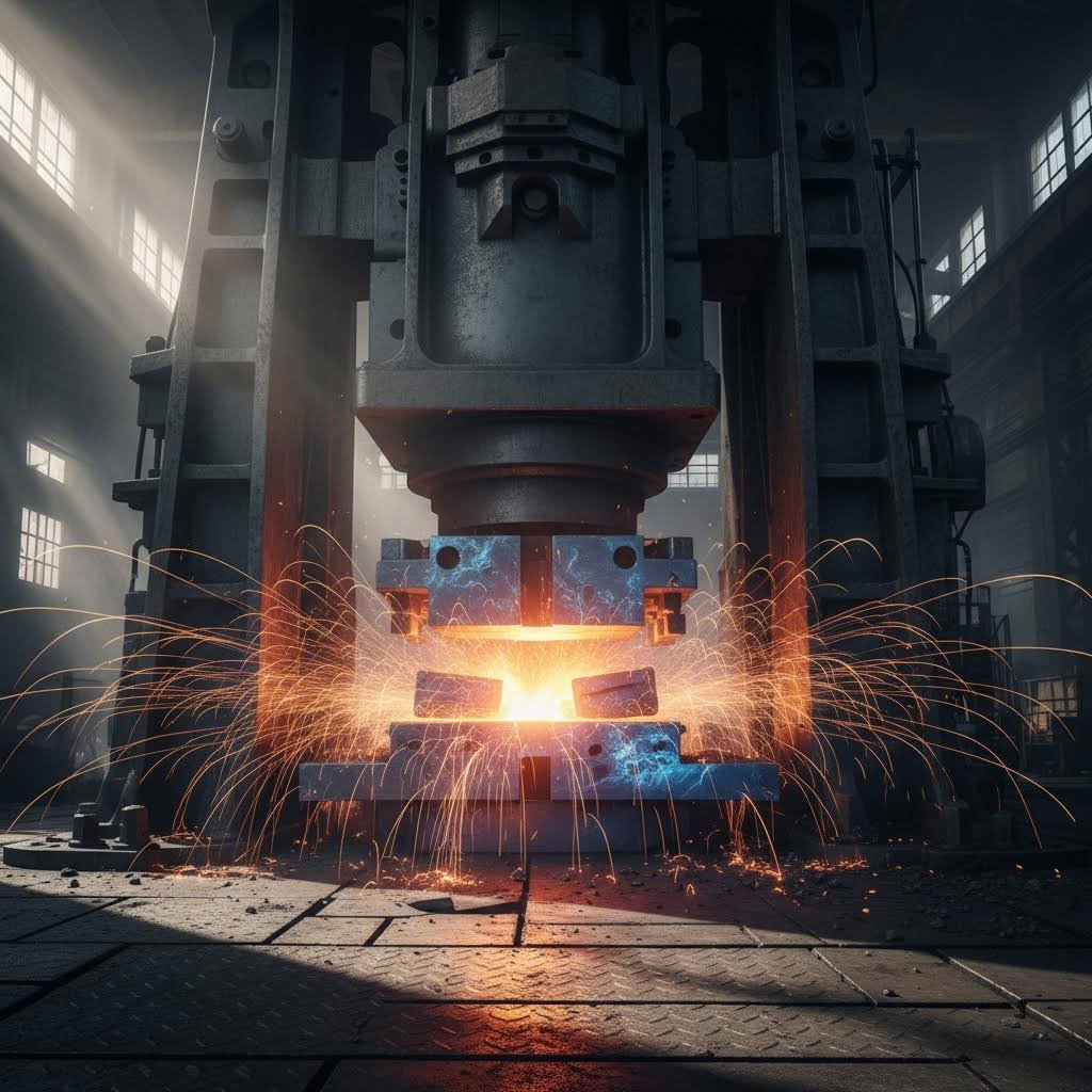 high pressure stamping press transforming flat sheet metal into precision components