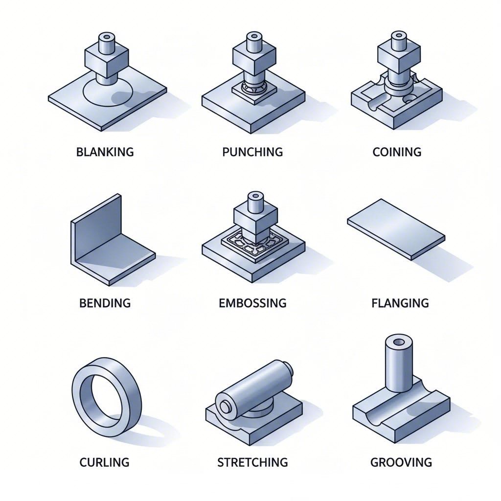 visual overview of nine core metal stamping techniques used in precision manufacturing