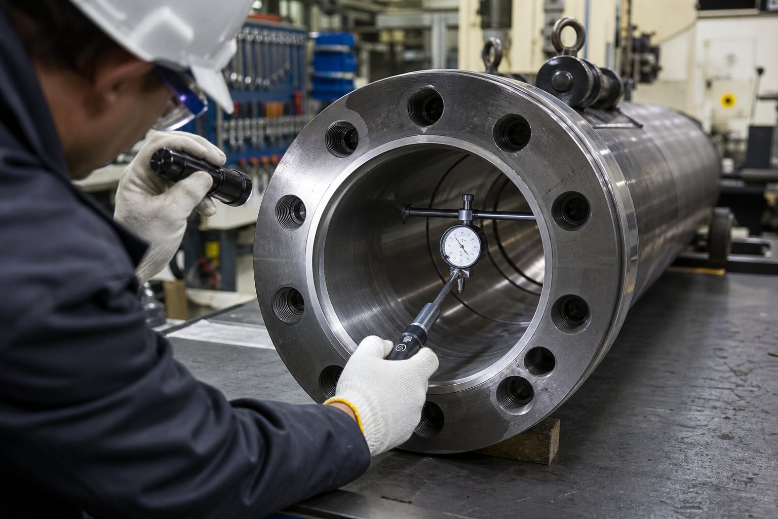 a technician measuring barrel bore diameter with a precision gauge to assess wear and determine replacement timing