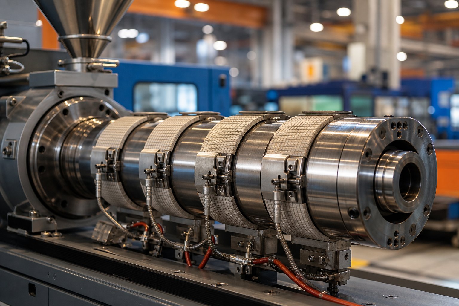 an injection molding barrel with heater bands mounted on an industrial machine the core component of every plasticizing unit