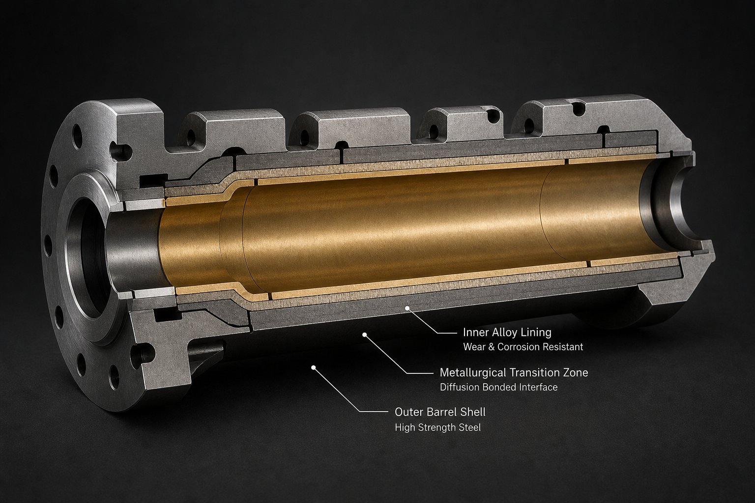 cross section of a bimetallic injection molding barrel showing the wear resistant alloy lining bonded to the steel shell