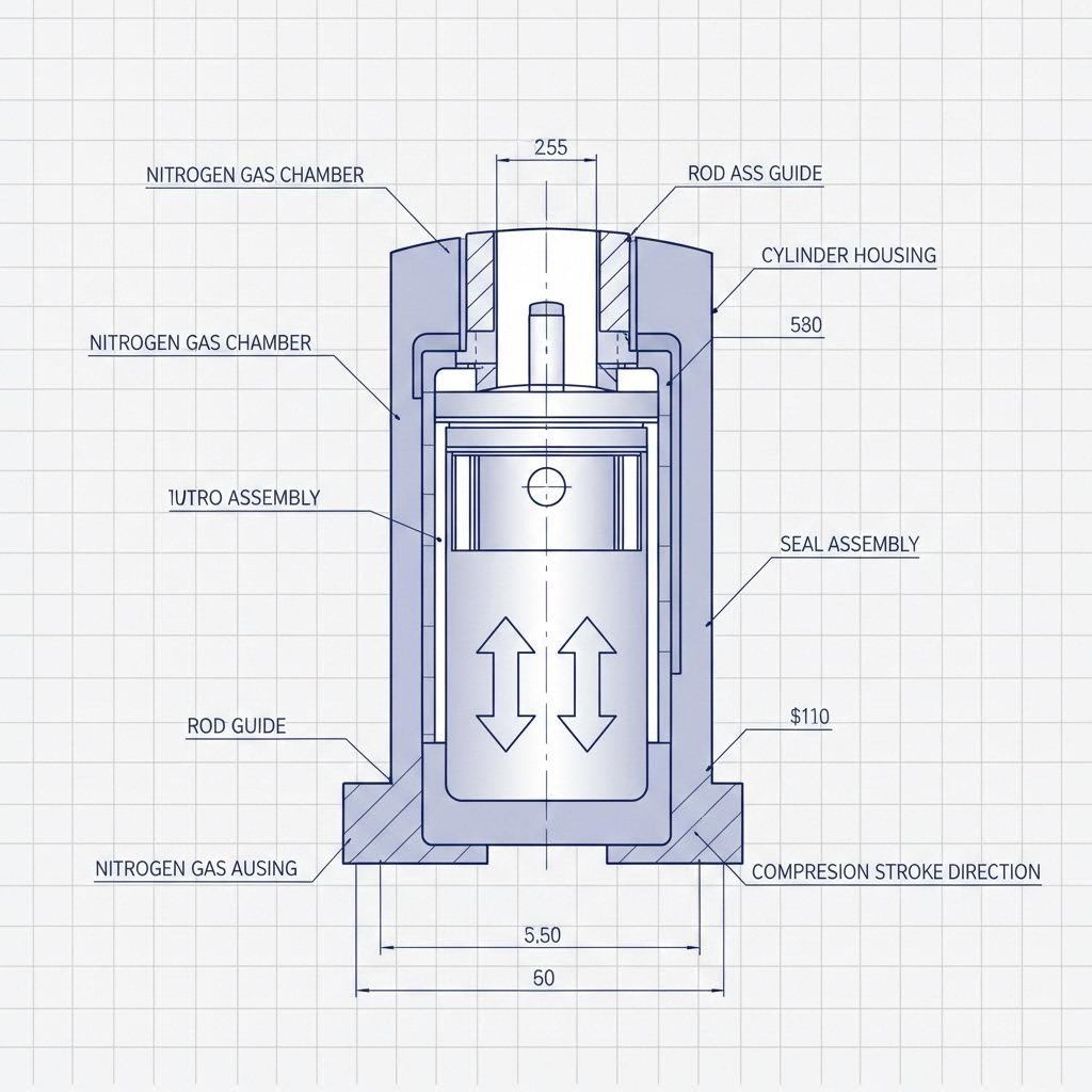 internal view of nitrogen gas spring showing piston and pressure chamber during compression