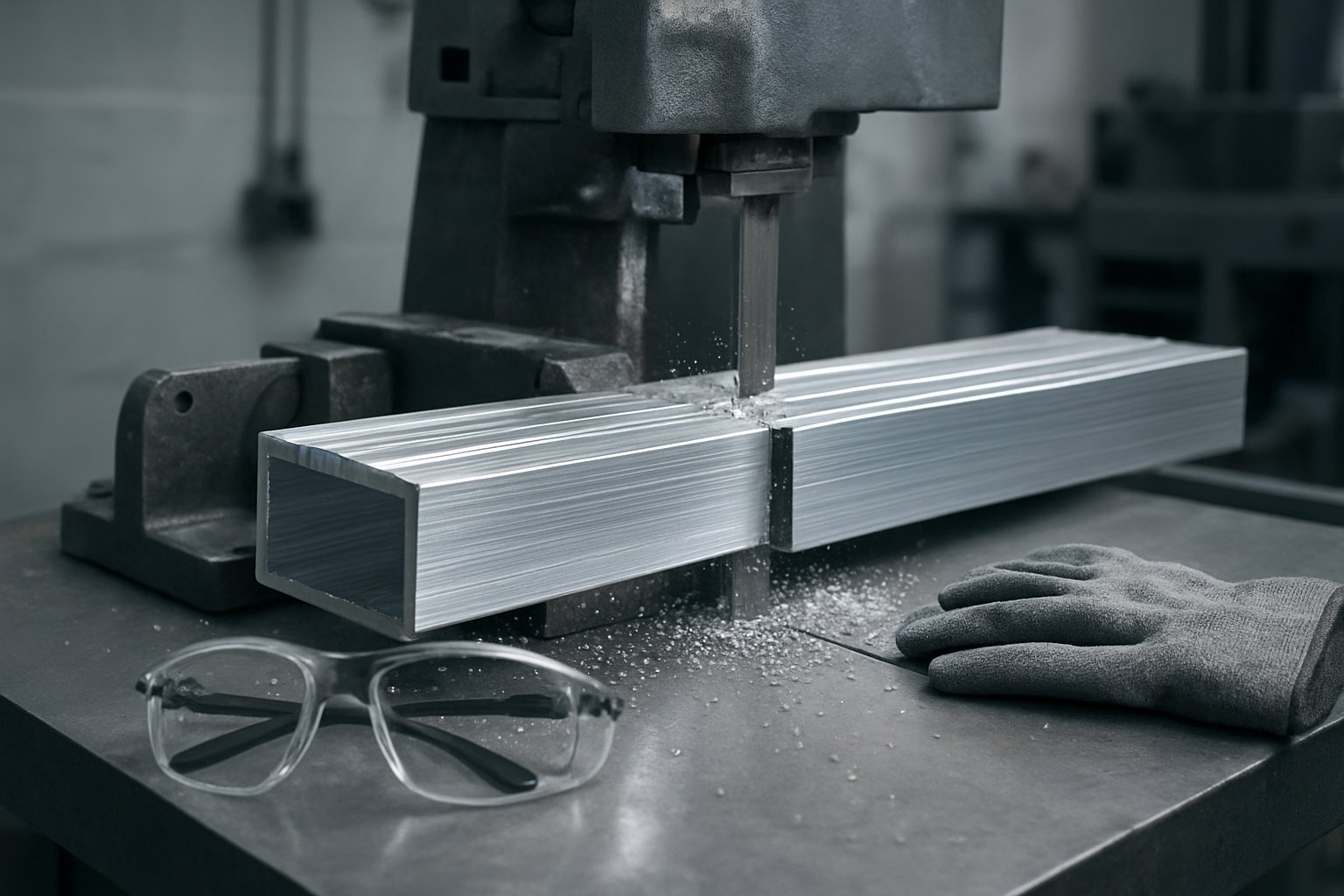 aluminium cutting setup with a clamped profile and clean saw cut