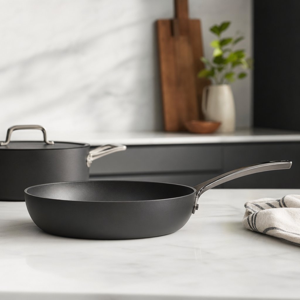 anodized aluminum cookware in a clean kitchen setting