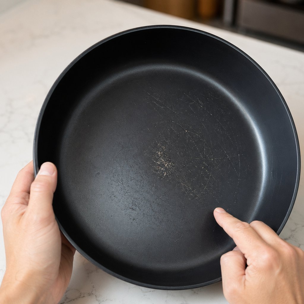 inspecting a worn anodized pan for surface damage