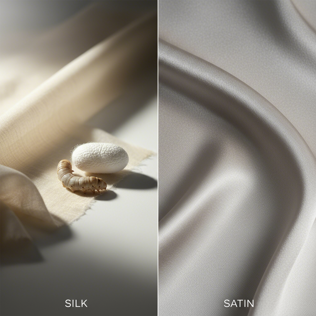 artistic comparison of natural silk fibers and the woven structure of satin fabric
