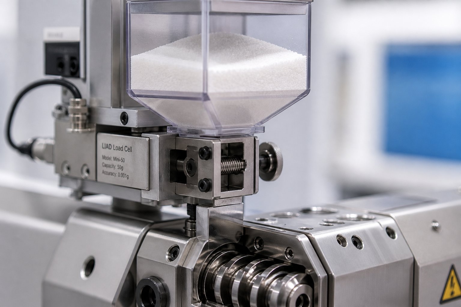 a gravimetric micro feeder delivering precise small quantities of material into a mini twin screw extruder