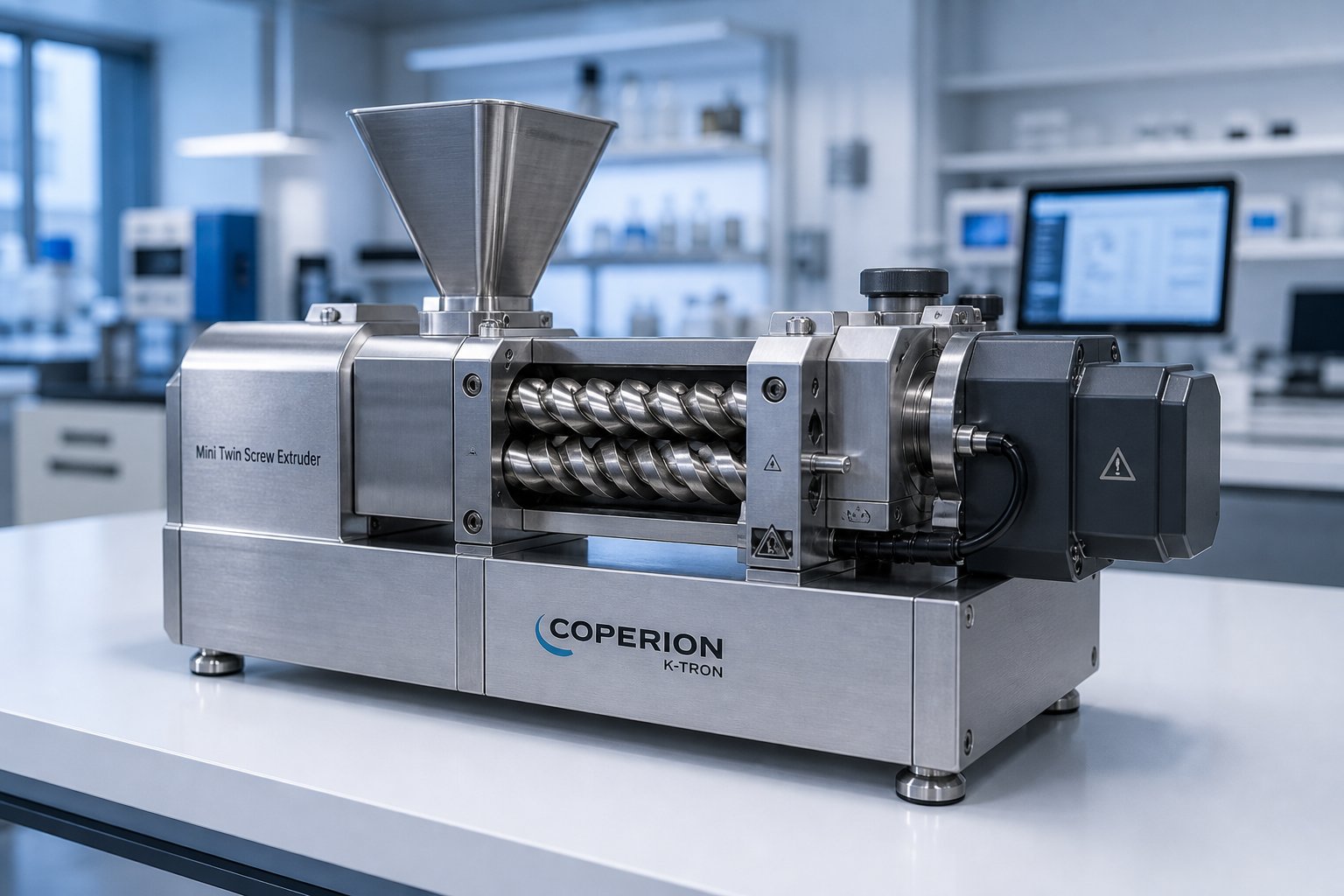 a mini twin screw extruder on a lab bench showcasing the compact design used in polymer and pharmaceutical r&d