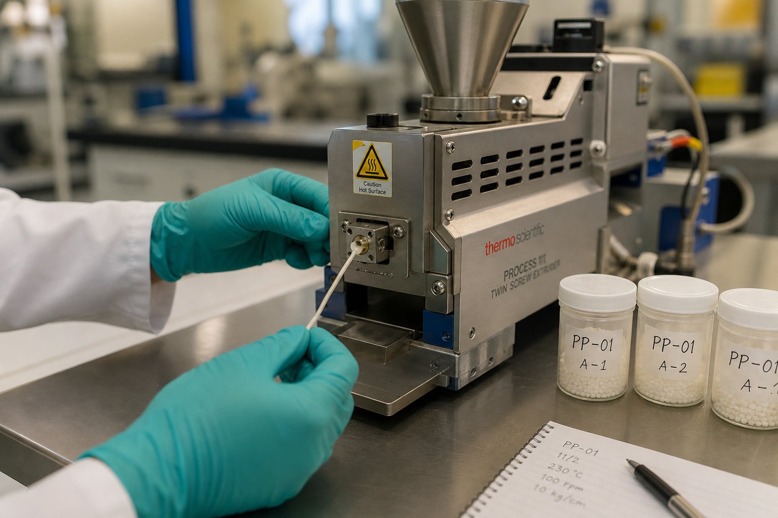 a researcher collecting extrudate samples from a mini twin screw extruder during polymer formulation screening