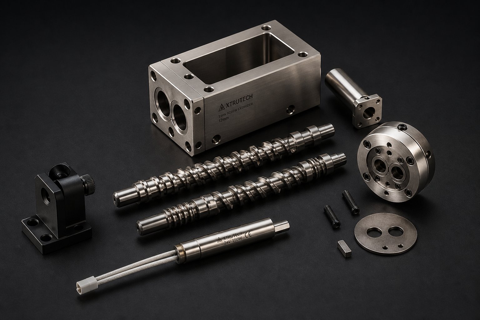 exploded view of mini twin screw extruder components including modular screw elements barrel segment and die assembly