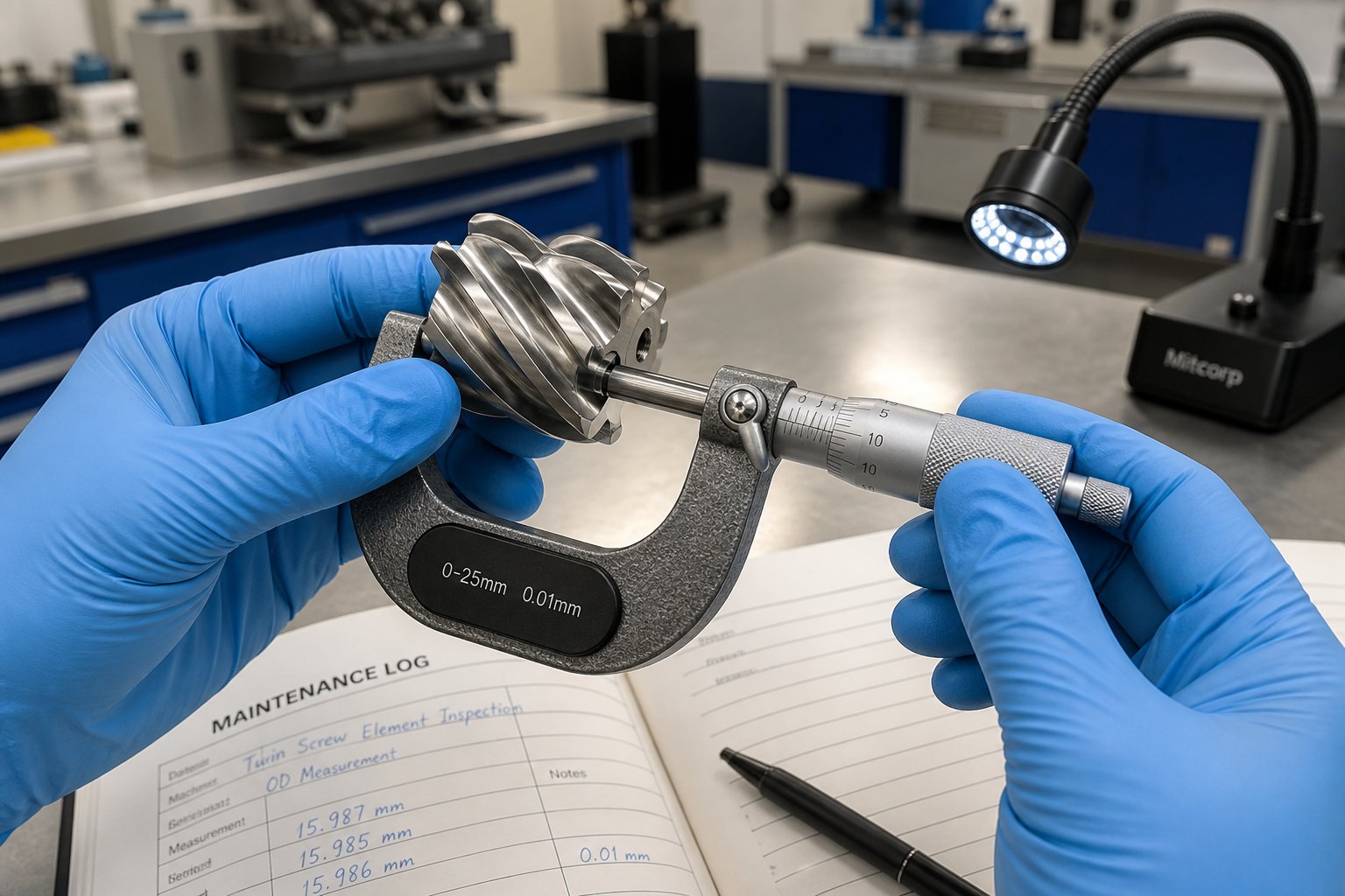 inspecting a mini twin screw element with a precision micrometer as part of routine extruder maintenance