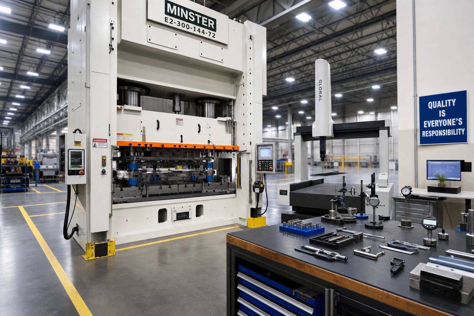 a well equipped die manufacturing facility with stamping press and quality inspection tools representing the technical capabilities buyers should verify