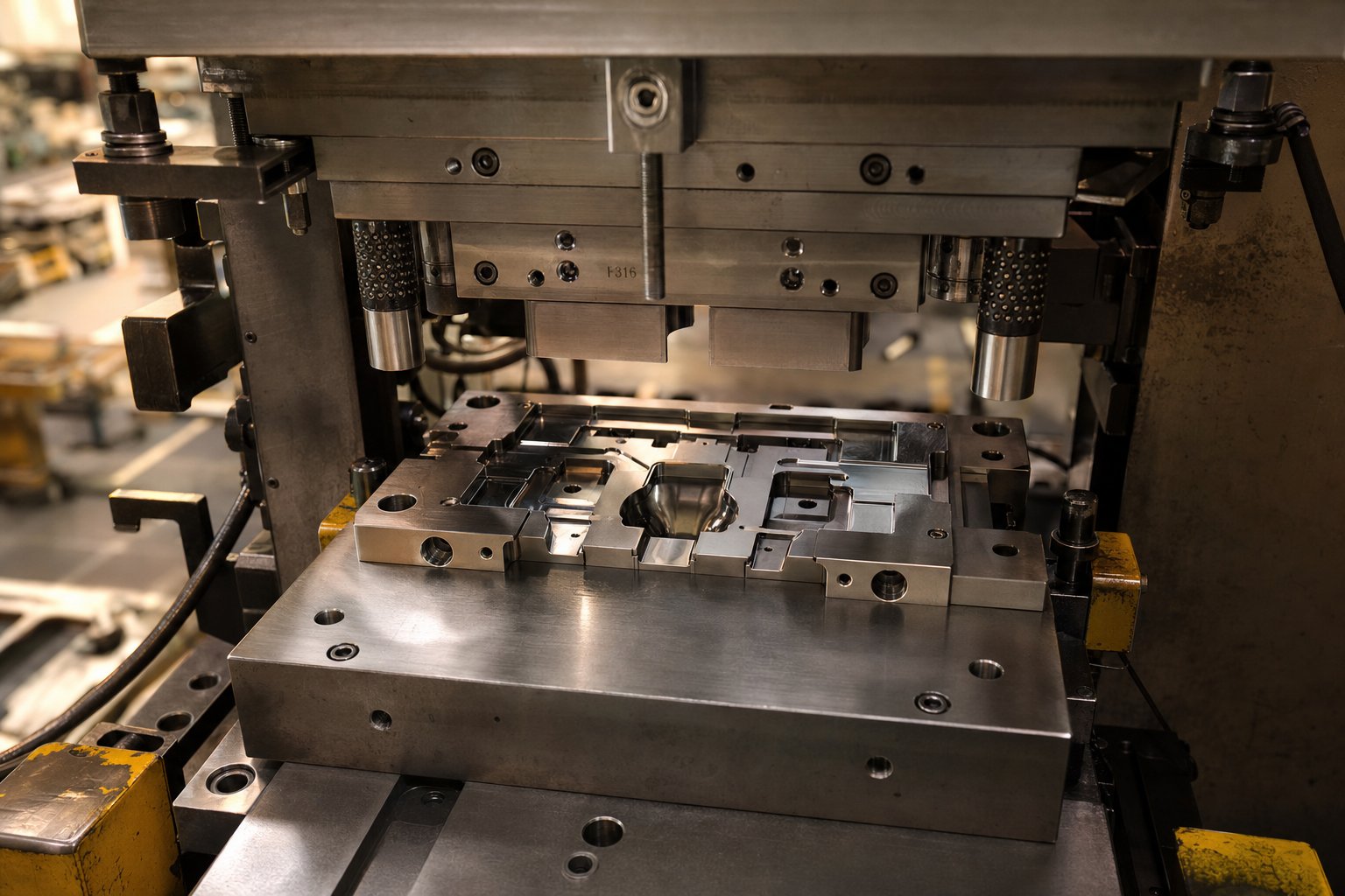precision metal stamping die installed in a press showing the engineered tool steel surfaces that shape raw sheet metal into finished components