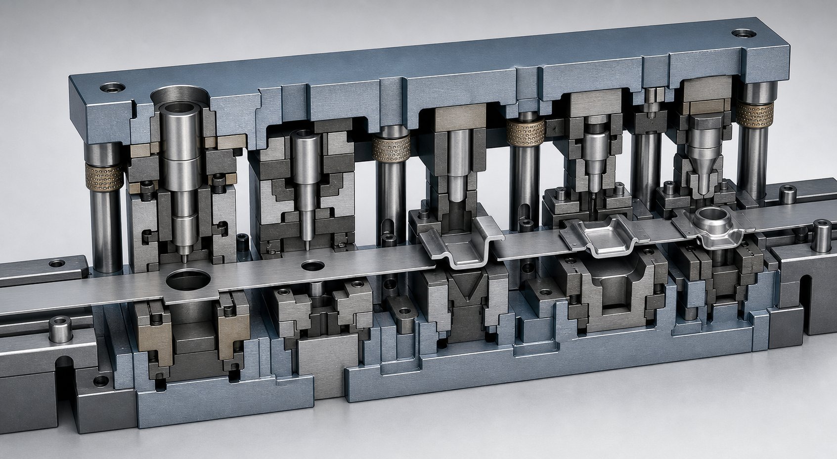 progressive stamping die cross section showing multiple forming stations that shape strip metal into finished parts in a continuous sequence