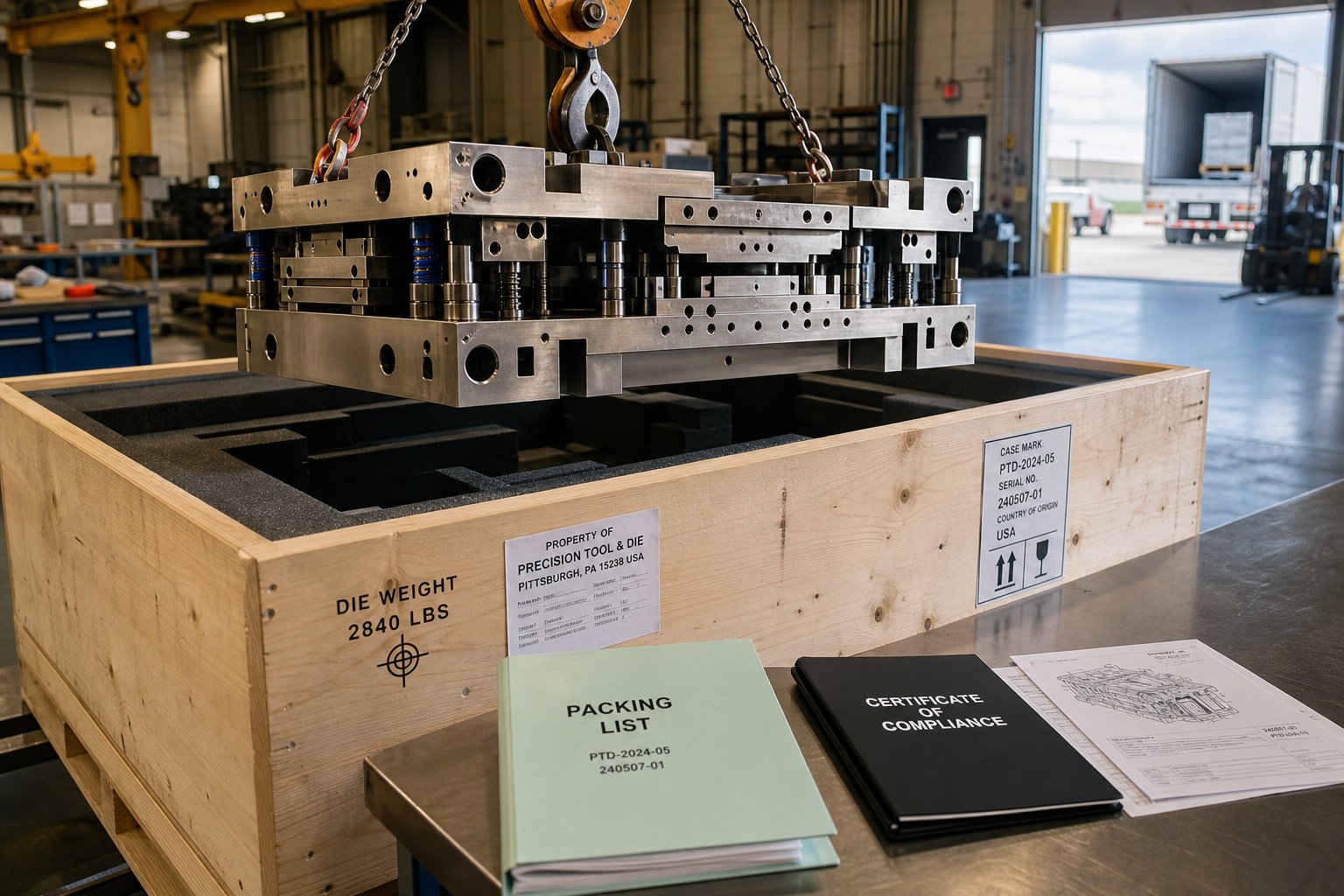 info-1-1 a finished stamping die prepared for international shipment highlighting the logistics considerations in offshore tooling sourcing
