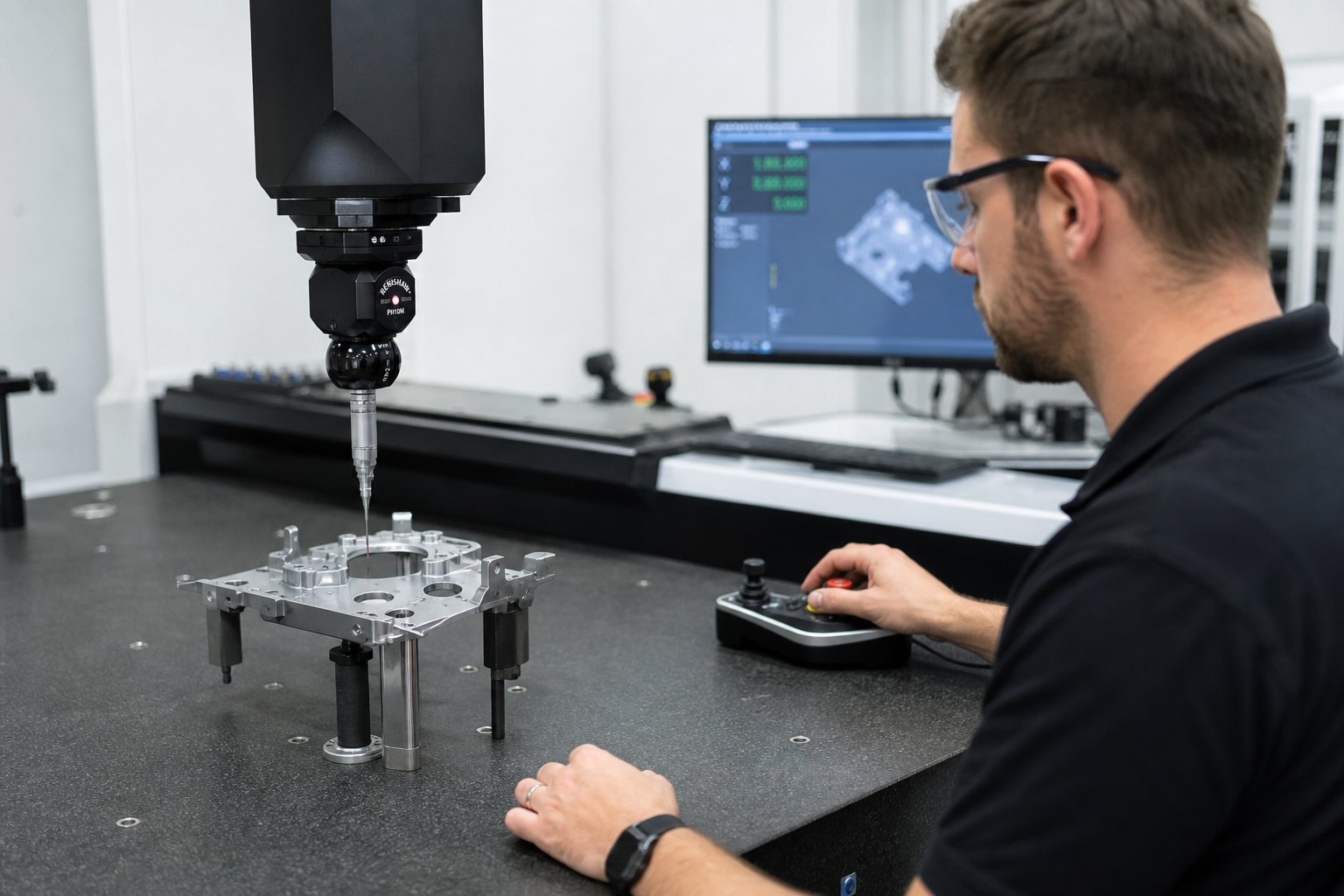 info-1-1 cmm inspection of a precision stamped component verifying micron level tolerances that define die manufacturing quality