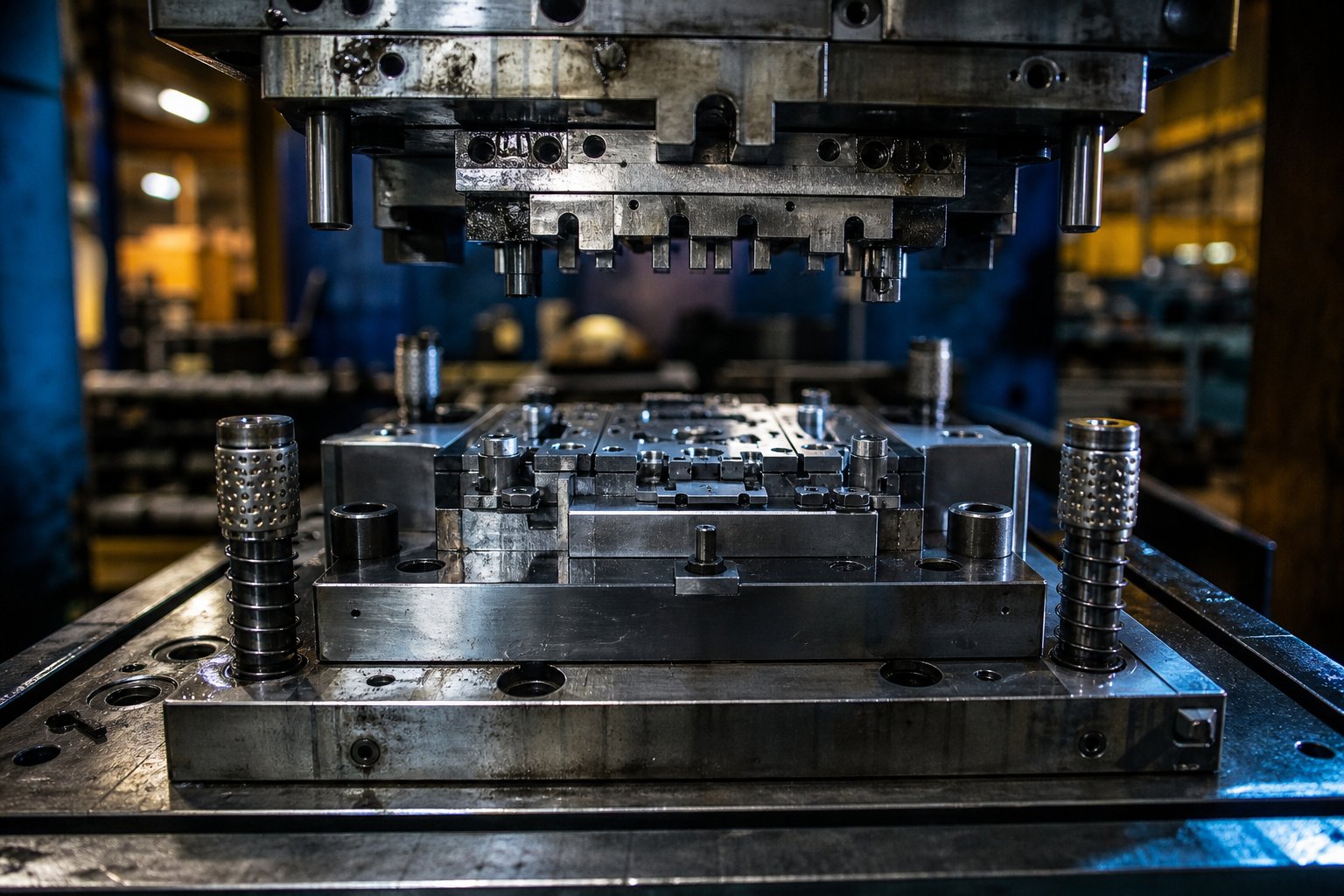 info-1-1 precision stamping die set mounted on a press bed showcasing the hardened tool steel components that shape millions of metal parts