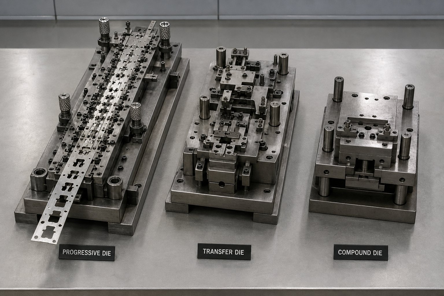info-1-1 progressive transfer and compound stamping dies compared side by side each designed for different part geometries and production volumes