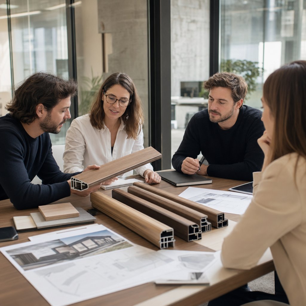 reviewing wood grain aluminum samples and documents before purchase