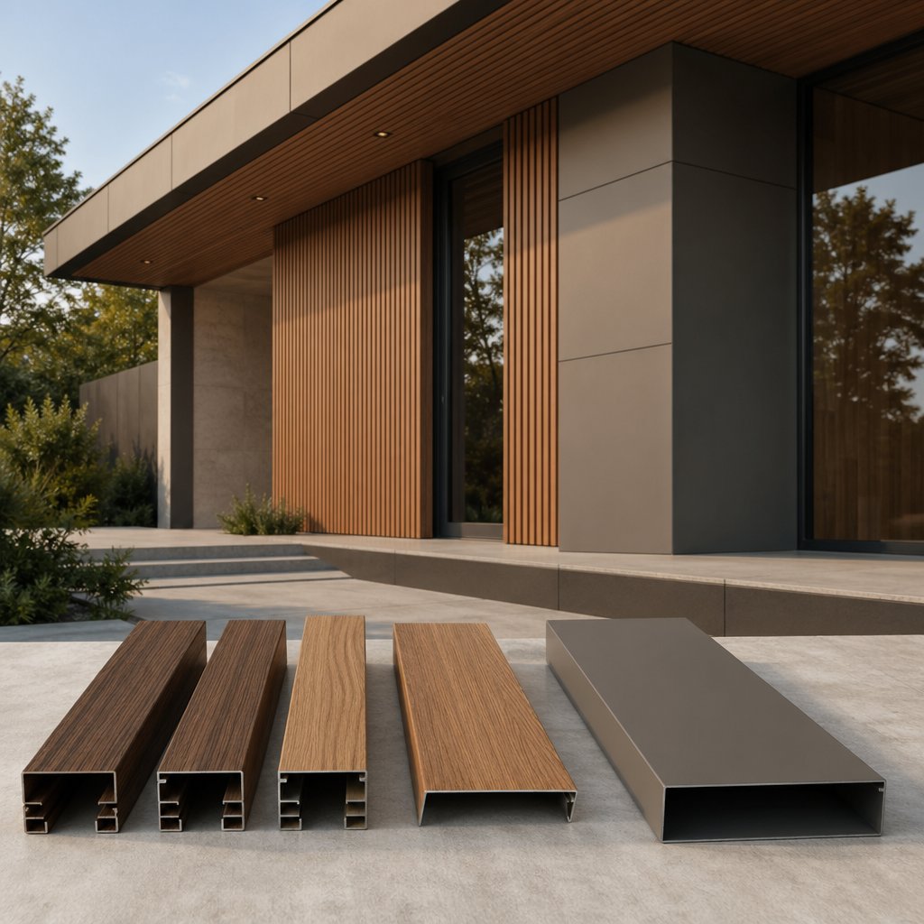 wood grain aluminum profiles and panels in a modern exterior setting