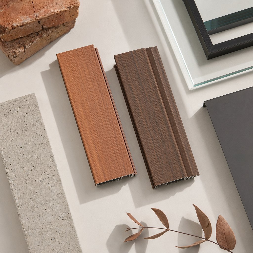 wood grain aluminum samples matched with common building materials