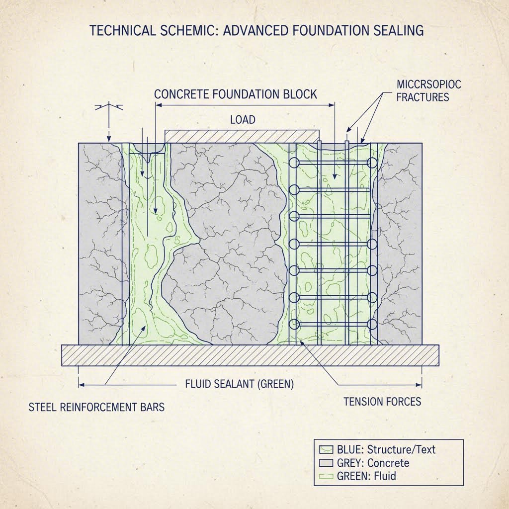 Cross section illustration of fluid material filling structural gaps