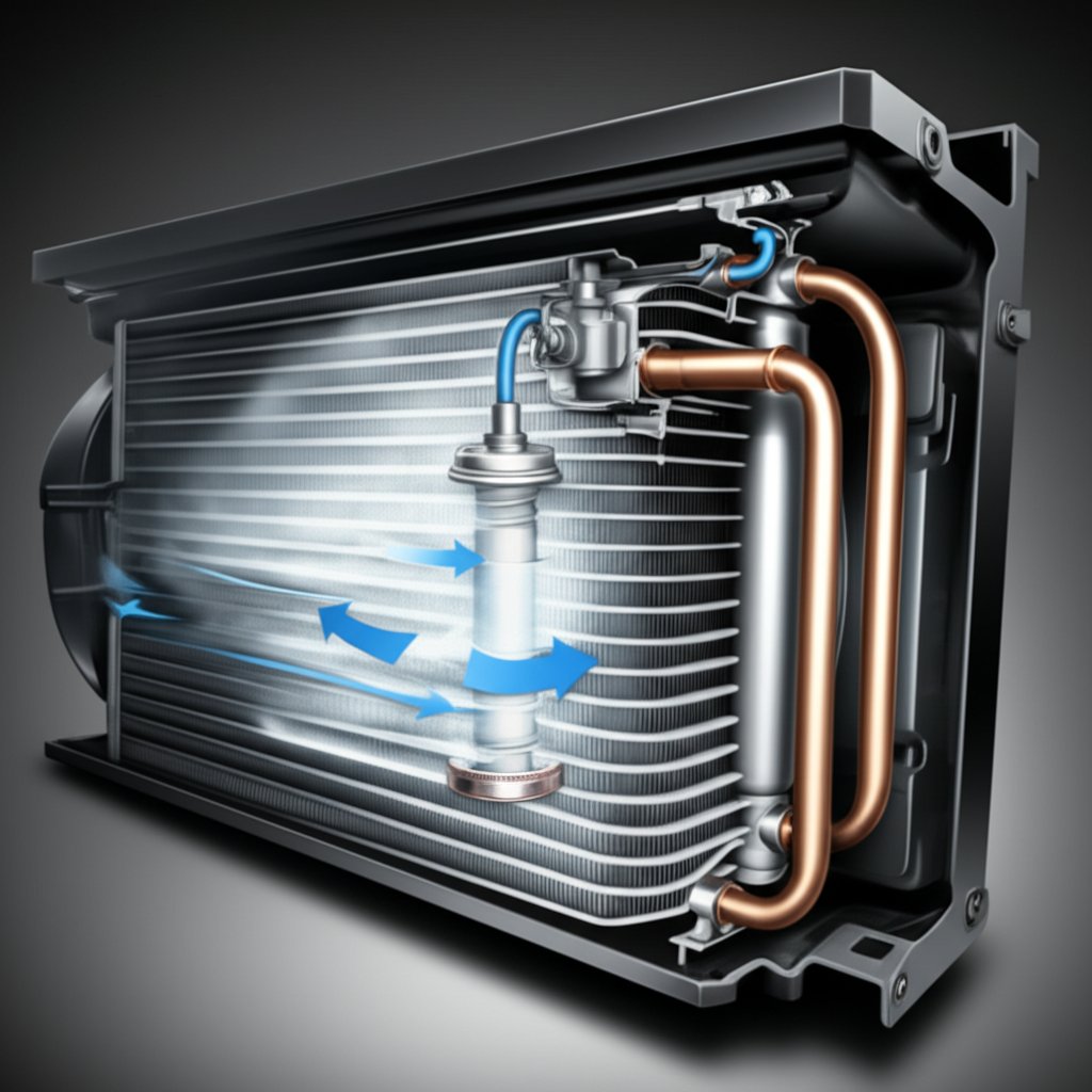 cutaway view of evaporator and expansion device in a car ac system