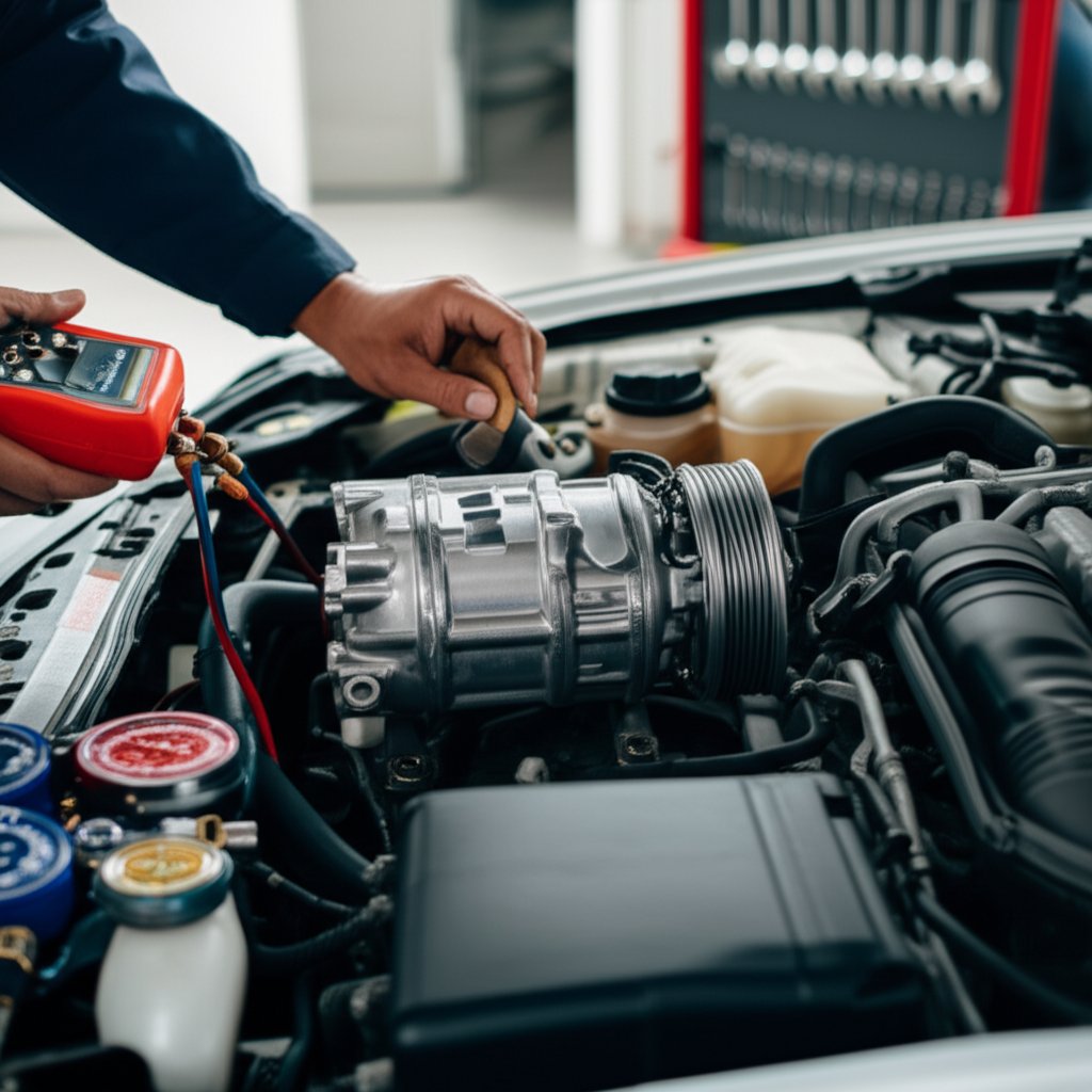 mechanic performing ac compressor diagnostics in a vehicle
