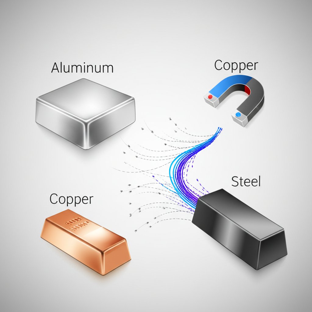 magnet attracts steel but not aluminum or copper demonstrating their magnetic differences