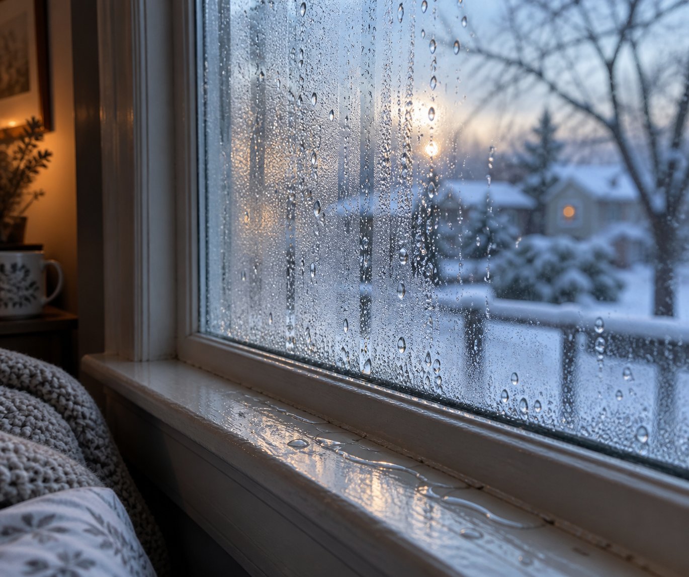 morning condensation forming on a cold window pane %E2%80%94 a common winter problem caused by indoor humidity meeting cold glass