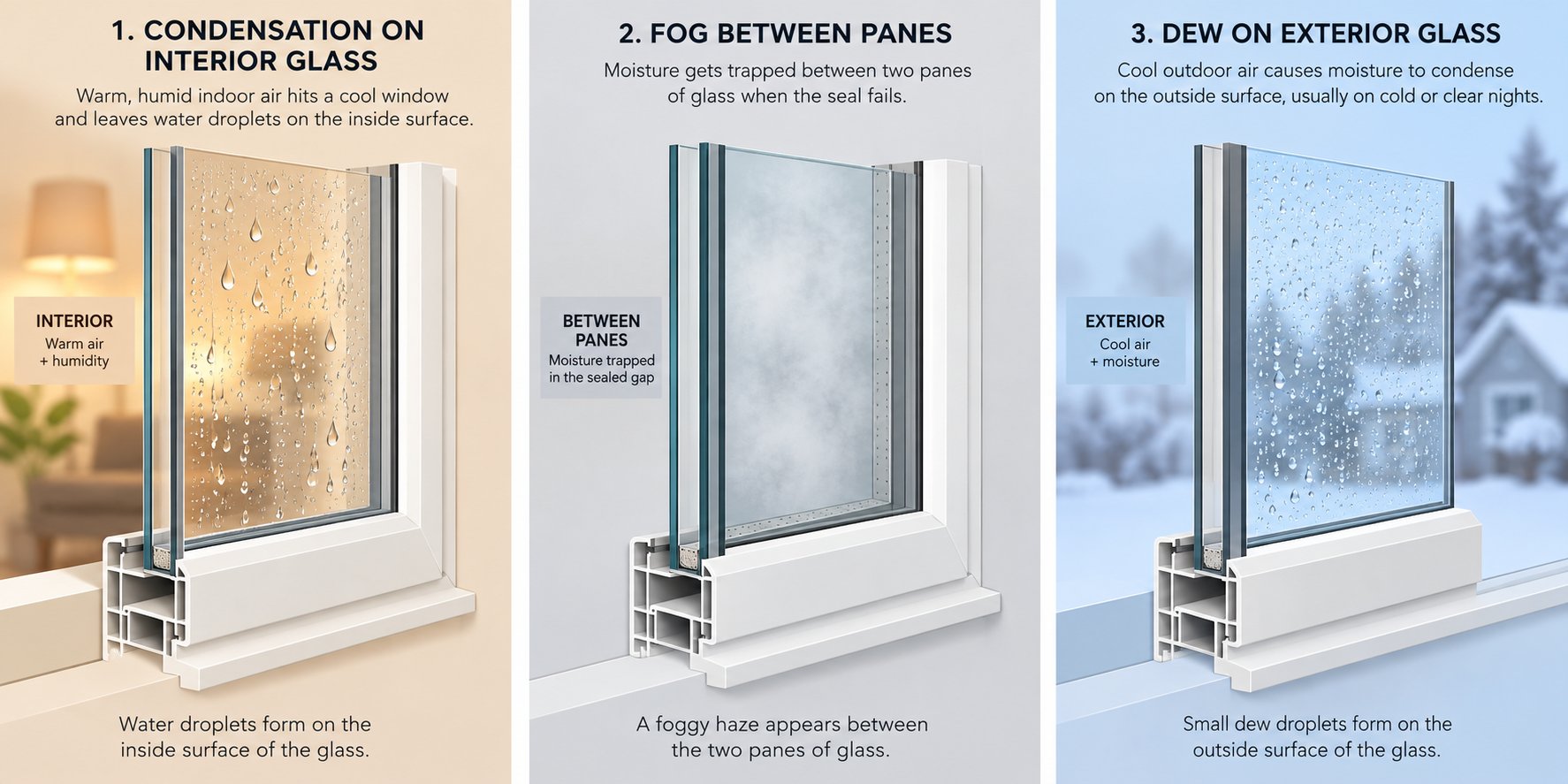 three types of window condensation %E2%80%94 interior surface between panes and exterior %E2%80%94 each requiring a different solution