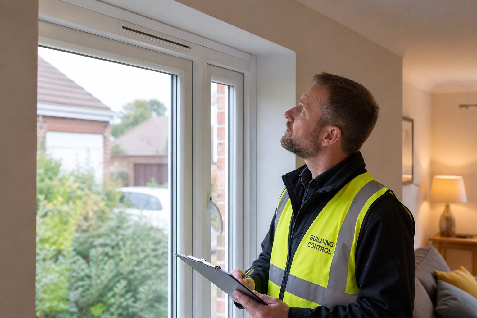 a building control officer inspecting trickle vent compliance on a replacement upvc window during a site visit