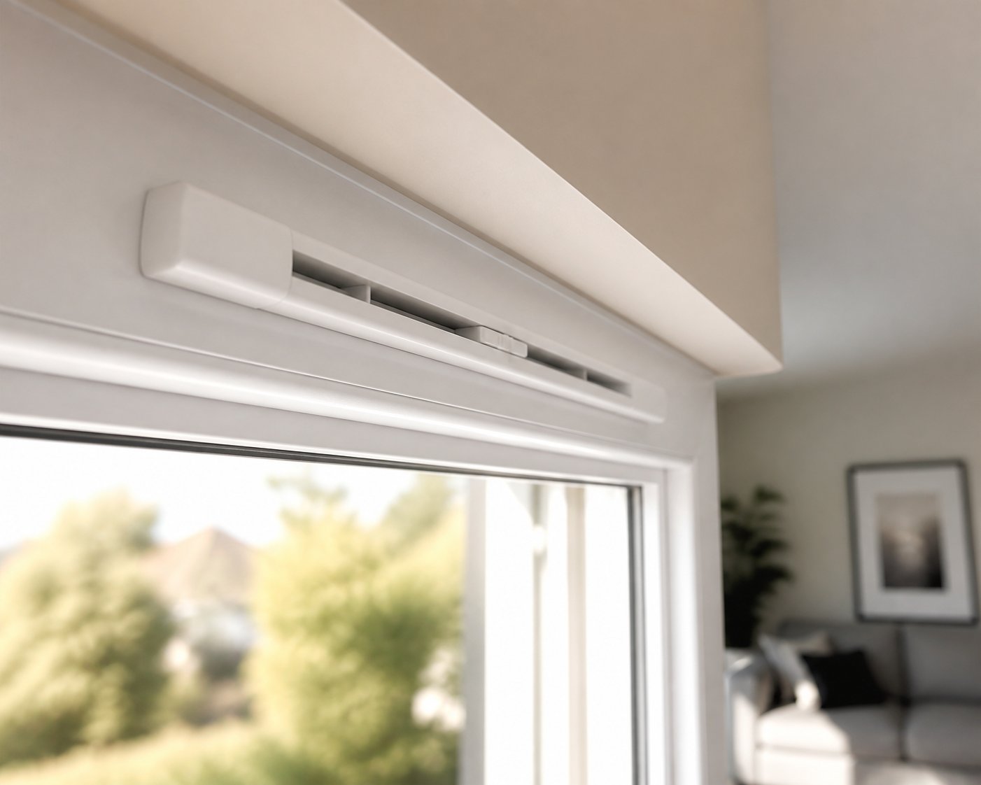a surface mounted trickle vent fitted to the interior head of a upvc window frame providing controlled background ventilation without replacing the window